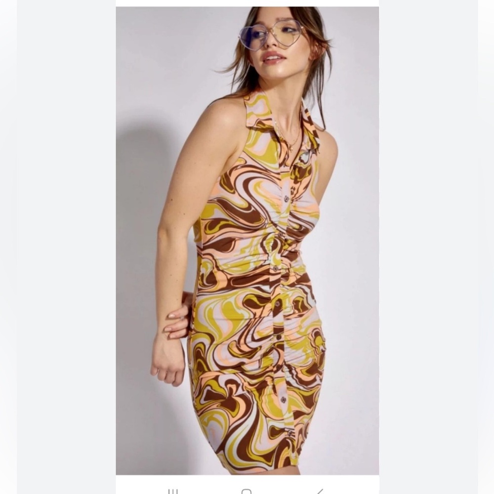 Rue 21 Sleeveless Groovy Hippie Collared button down ruching Dress Size L NWT